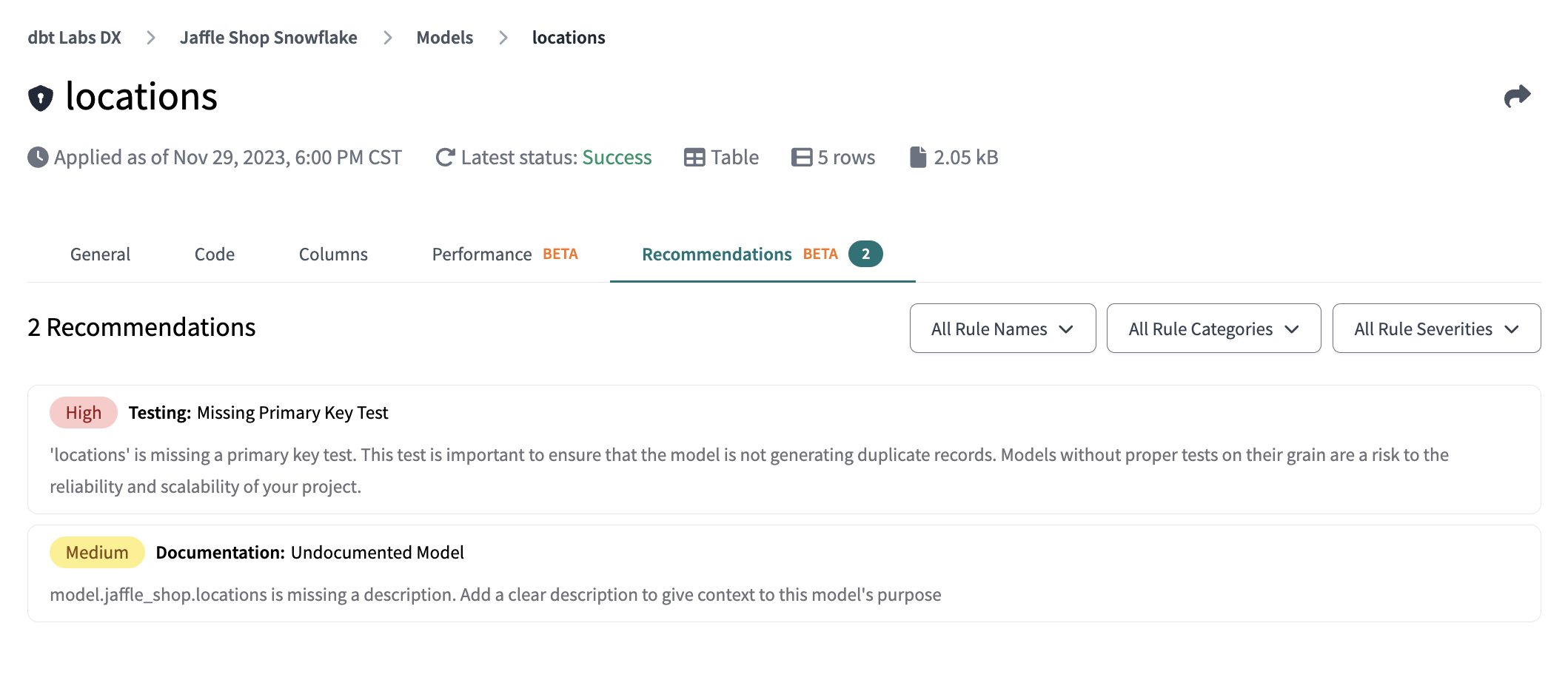 Example of the Recommendations tab  Example of the Recommendations tab
